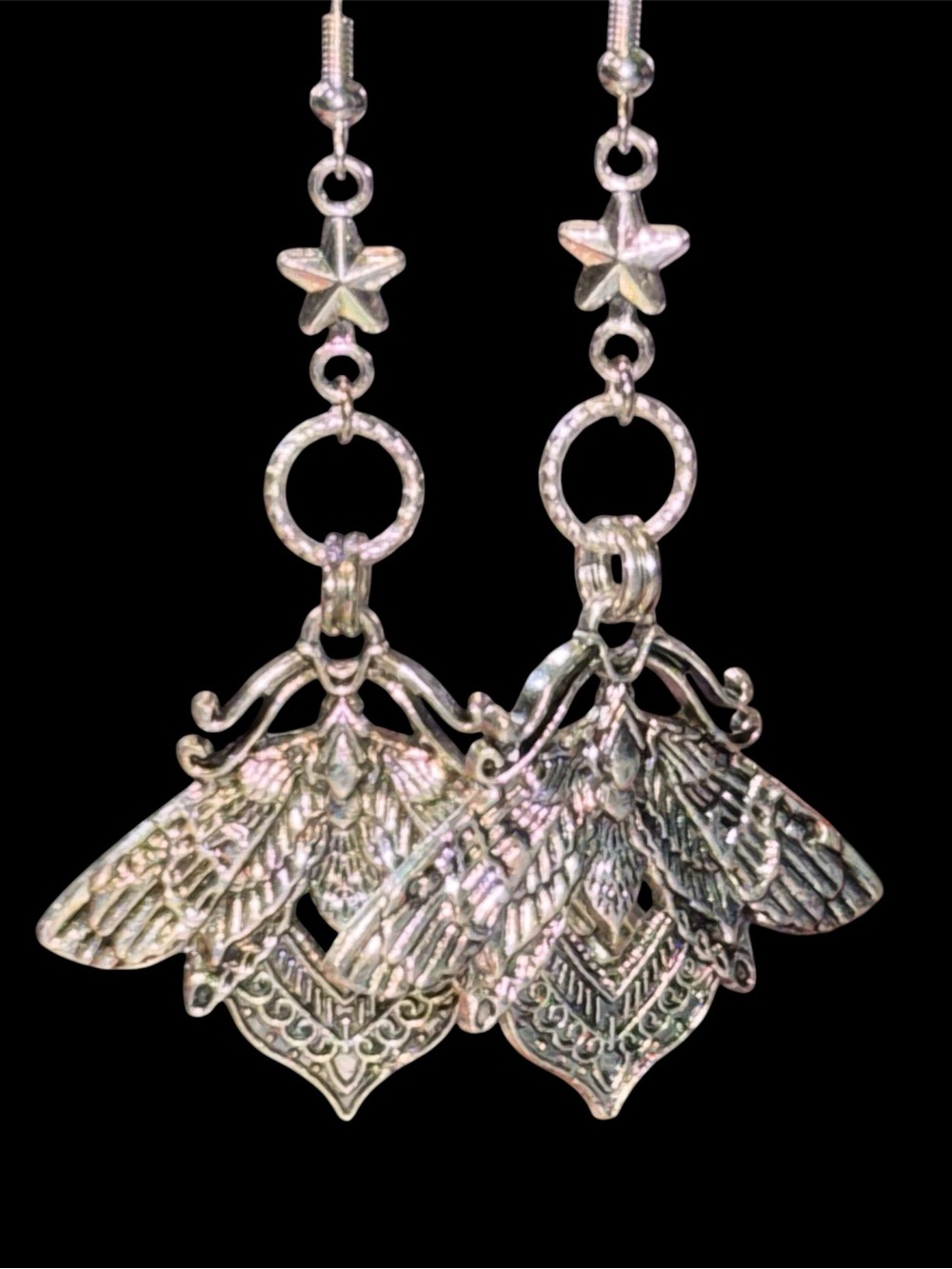 Handmade Silver Filigree Moth & Star Drop Earrings - Women Jewelry